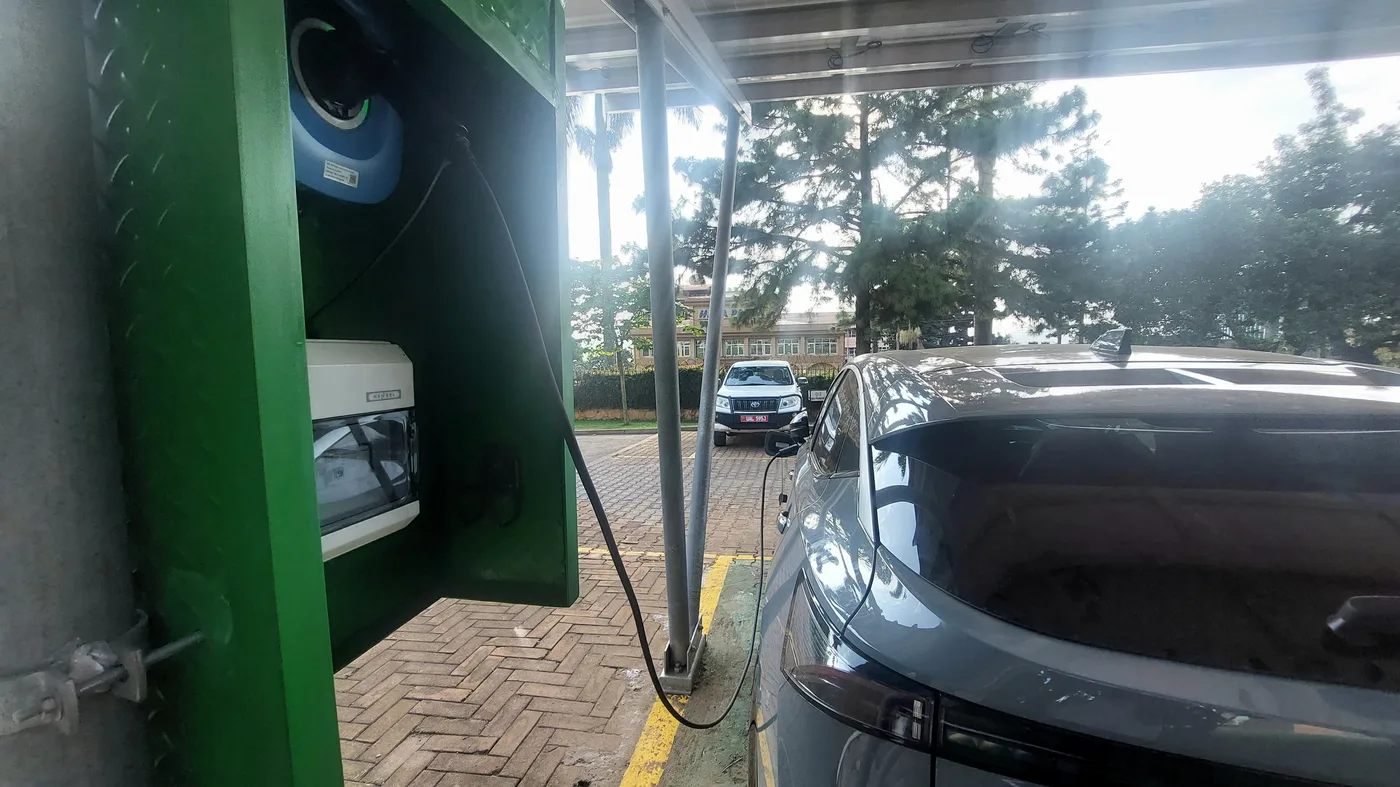 Electric vehicle charging under a solar-covered carport